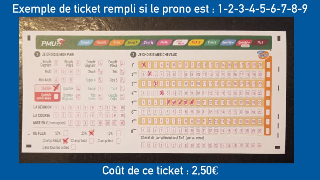 Ticket d'exemple pour la méthode quinté en champ réduit avec un ticket à 2,50€