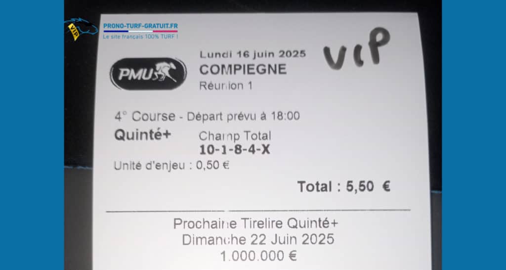 Quinté. Ticket gagnant quinté+ du lundi 16 juin 2025. Pas loin du jackpot au PMU !