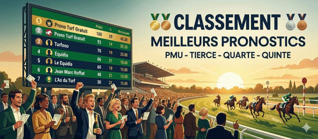 Classement exclusif 2026 des meilleurs pronostics PMU pour le quinté. Image d'illustration by prono turf gratuit via Gemini