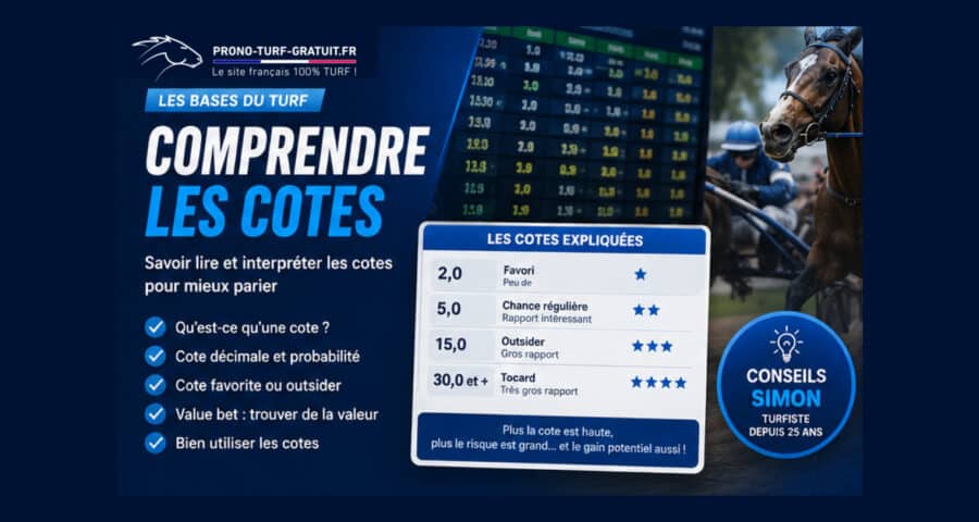 Infographic banner explaining how to read betting odds for horse racing (French) with odds board and horse image