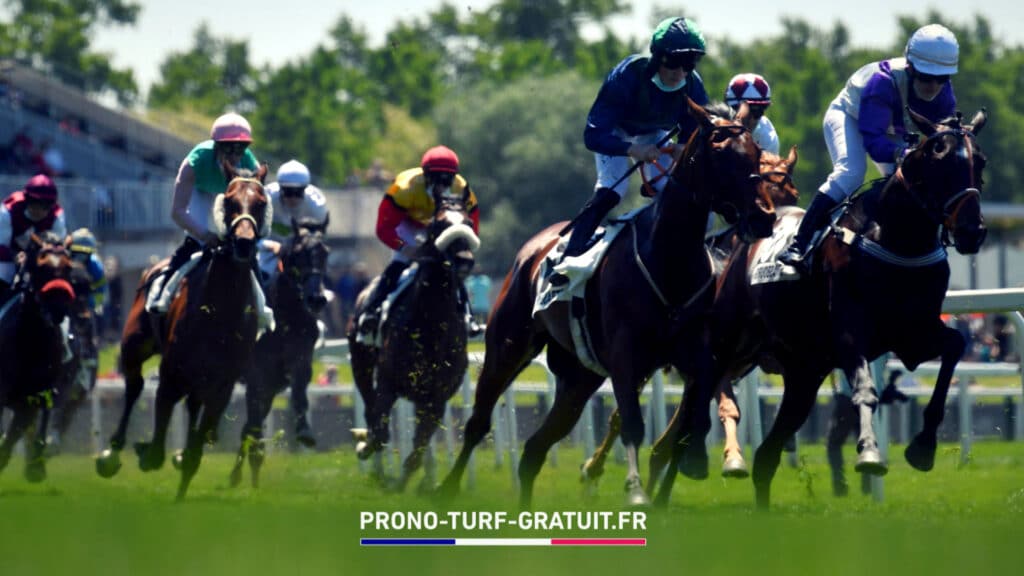 Horse race scene with several jockeys in colorful silks riding fast horses on a track; foreground shows green grass and a banner text 'PRONO-TURF-GRATUIT.FR' at the bottom.