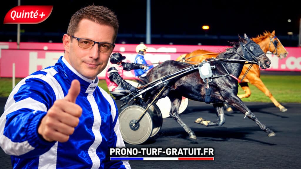 Man in a blue-and-white racing jacket gives a thumbs up at a horse-racing track, with two galloping horses behind and the promo URL PRONO-TURF-GRATUIT.FR at the bottom.