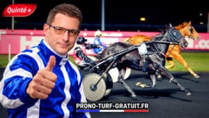 Man in a blue-and-white racing jacket gives a thumbs up at a horse-racing track, with two galloping horses behind and the promo URL PRONO-TURF-GRATUIT.FR at the bottom.