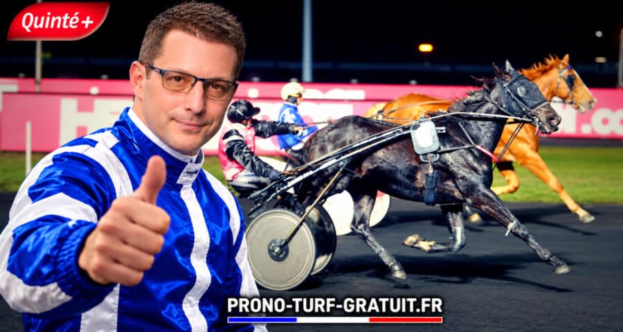 Man in a blue-and-white racing jacket gives a thumbs up at a horse-racing track, with two galloping horses behind and the promo URL PRONO-TURF-GRATUIT.FR at the bottom.